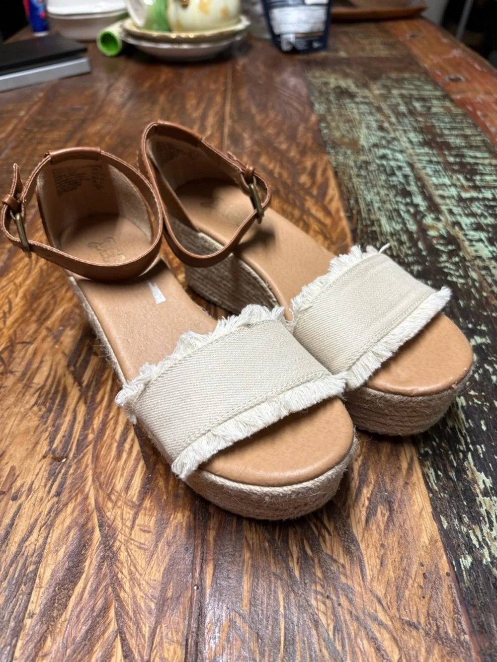 Brash Beige Tessa Canvas Espadrille Wedge Sandals with Brown Ankle Strap Size 7